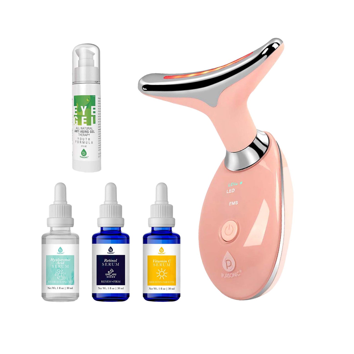 Pursonic Radiant Skin Revival Bundle: 7-in-1 LED Therapy, Anti-Aging Serums & Eye Gel
