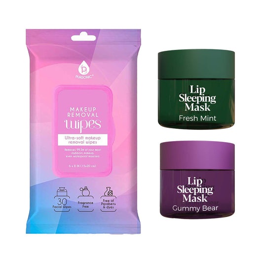 Pursonic Lip Care & Cleanse Bundle – Lip Sleeping Mask (Gummy Bear & Fresh Mint) + Makeup Removal Wipes (60-Count)